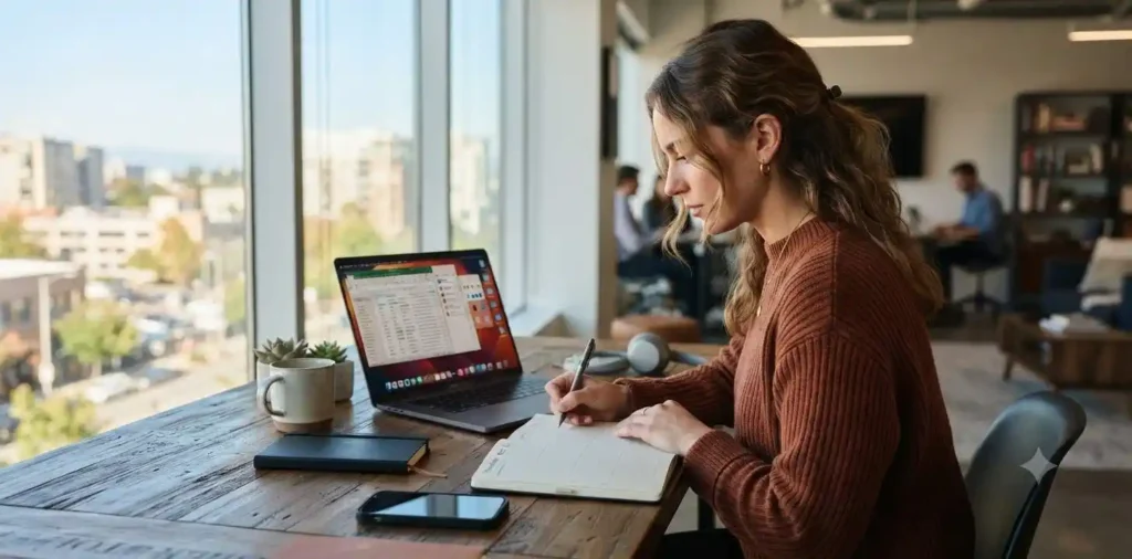 Professional working confidently at a modern desk