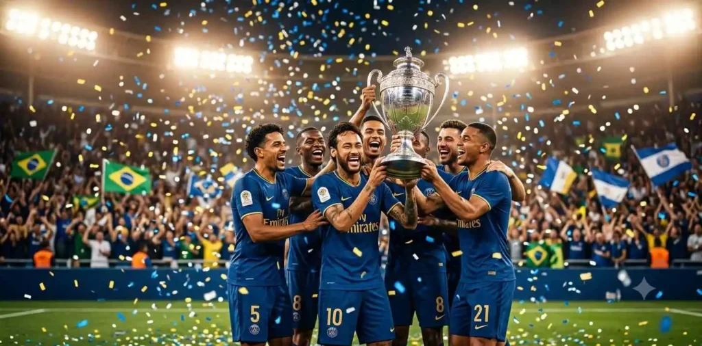 Football player holding trophy proudly