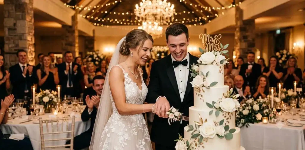 Bride and groom cutting elegant wedding cake