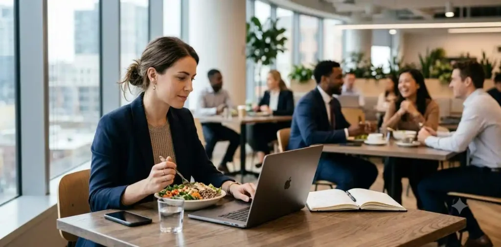 Coworkers enjoying lunch during office break