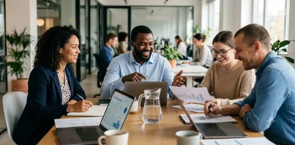 Team members collaborating in office