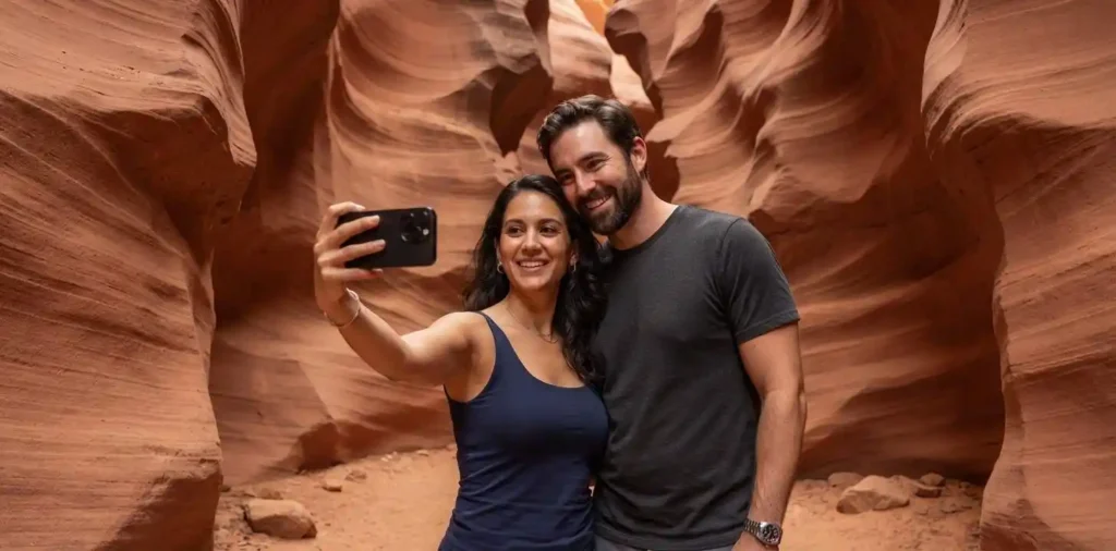Traveler taking a selfie inside Antelope Canyon
