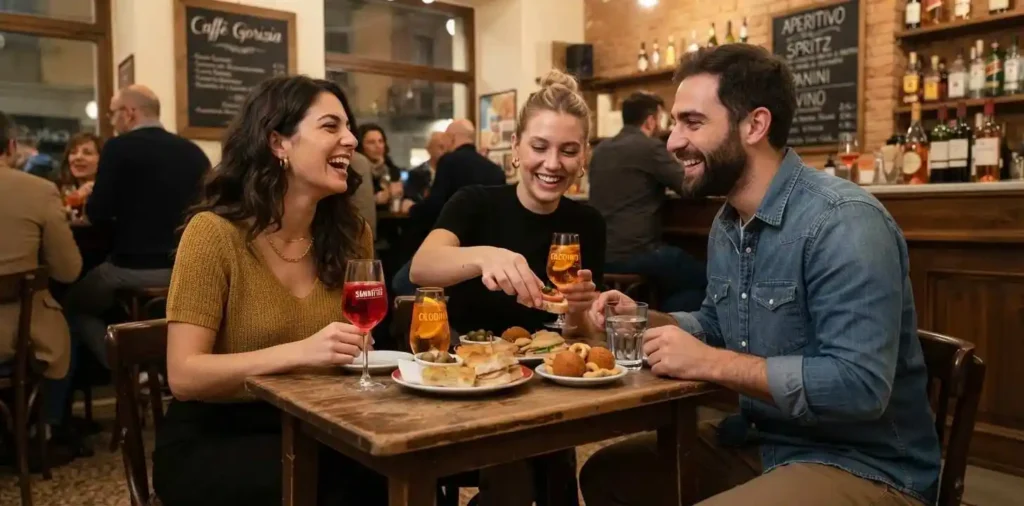 Friends enjoying aperitivo in Milan