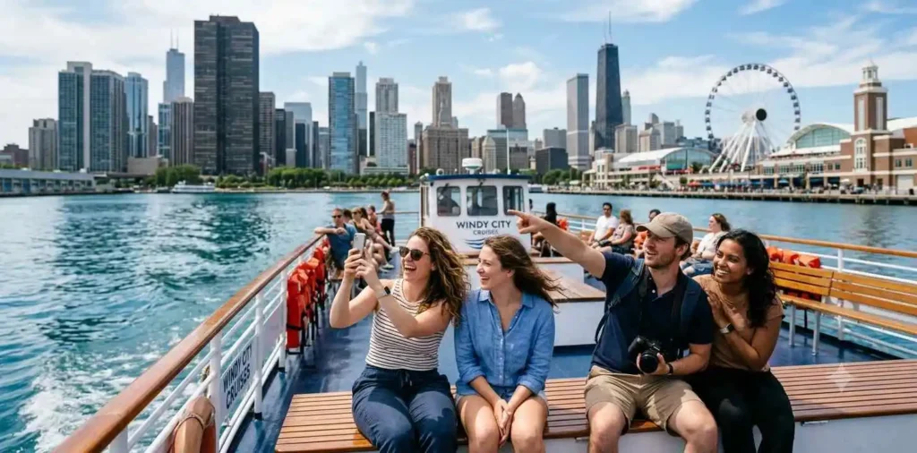 People enjoying Chicago lake boat ride