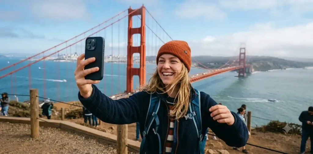 Traveler taking selfie with iconic bridge backdrop