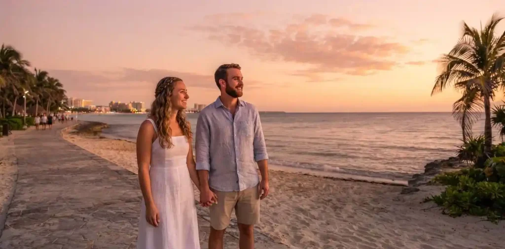 couple  enjoying a Cancun beach sunset