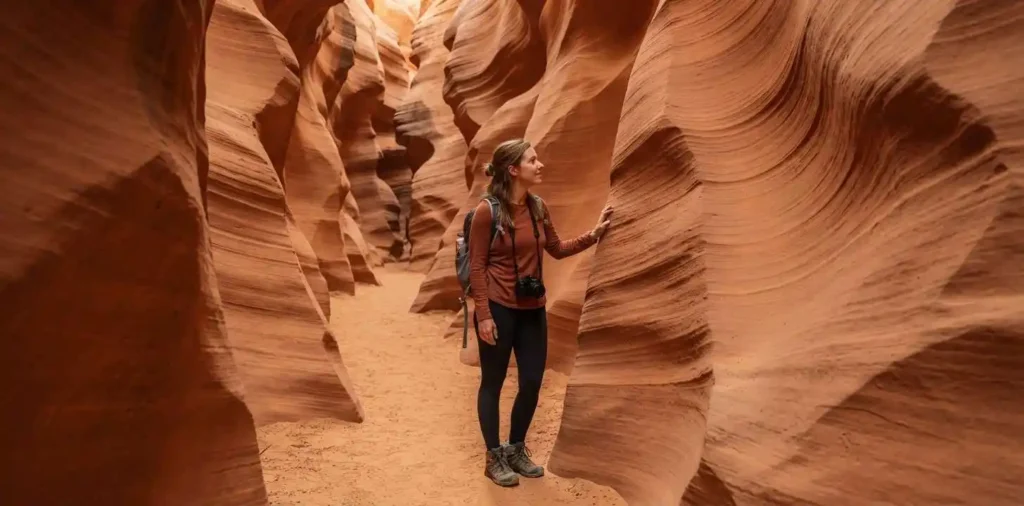 Traveler standing beside Antelope Canyon walls