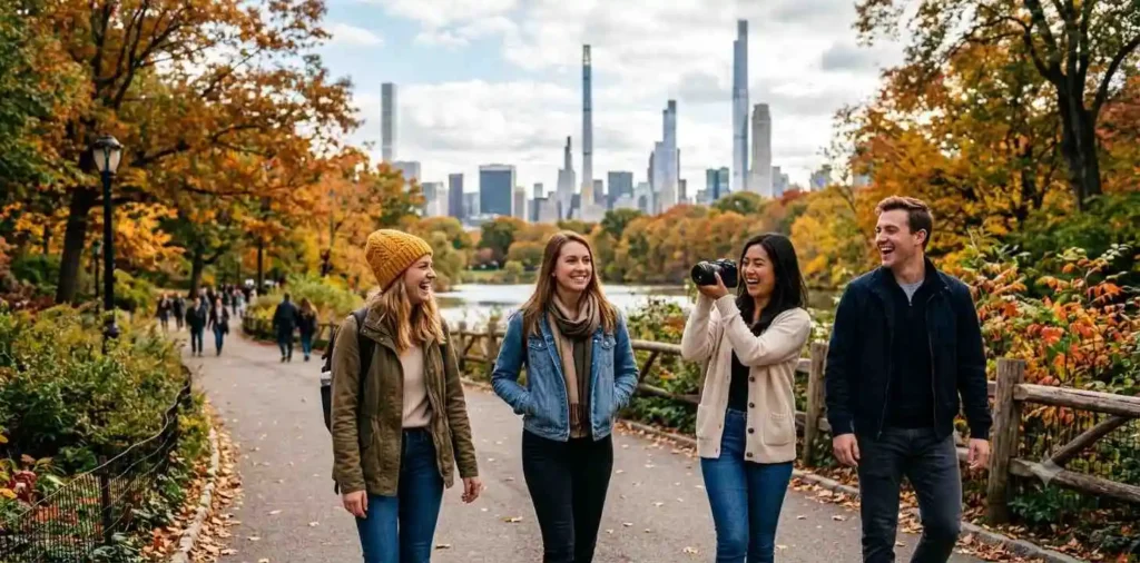Friends walking through Central Park