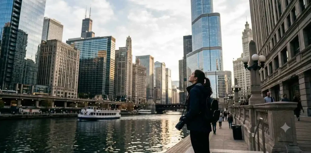 Traveler admiring Chicago skyscrapers from the river