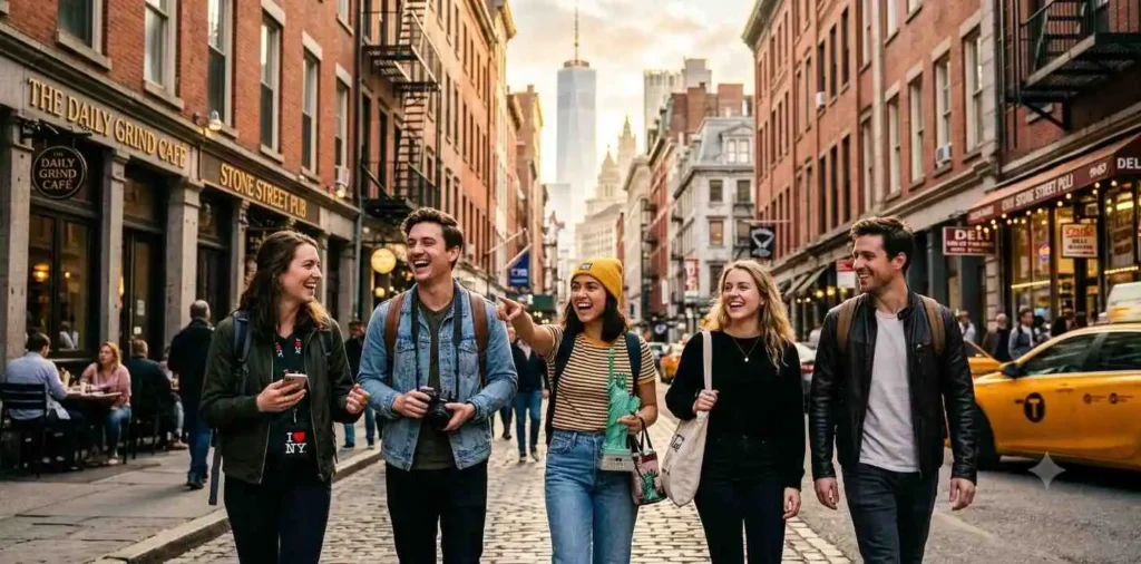 Friends exploring New York City streets