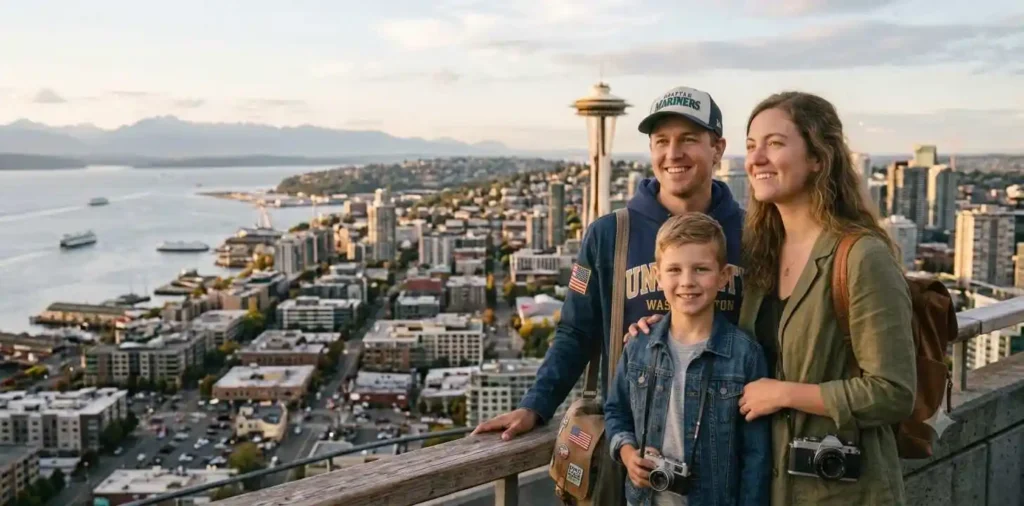 Traveler admiring Seattle skyline from above