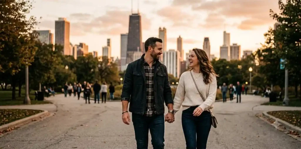 Couple enjoying Chicago skyline at dusk
