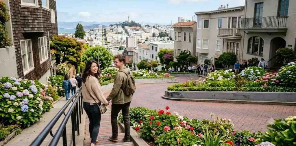 Friends walking down a winding city street