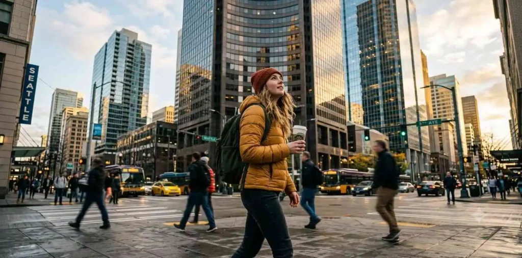 Traveler walking through downtown Seattle streets
