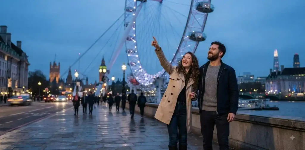 Couple viewing London Eye from riverside