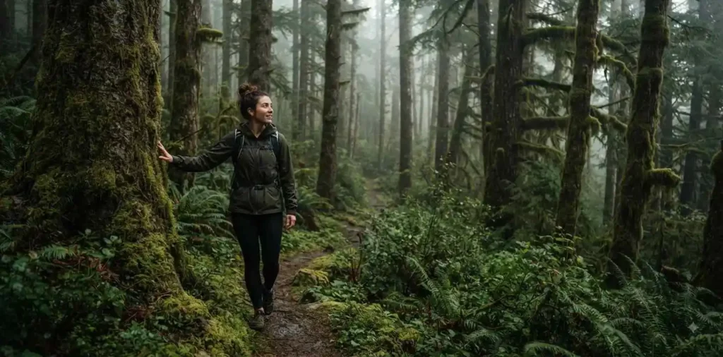 Hiker exploring a misty Pacific Northwest forest