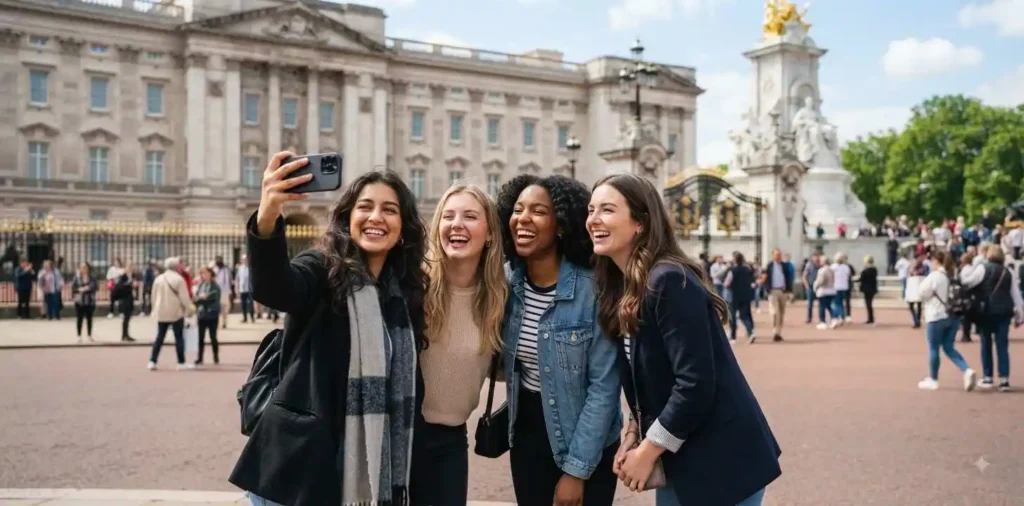 Traveler admiring Buckingham Palace royal architecture