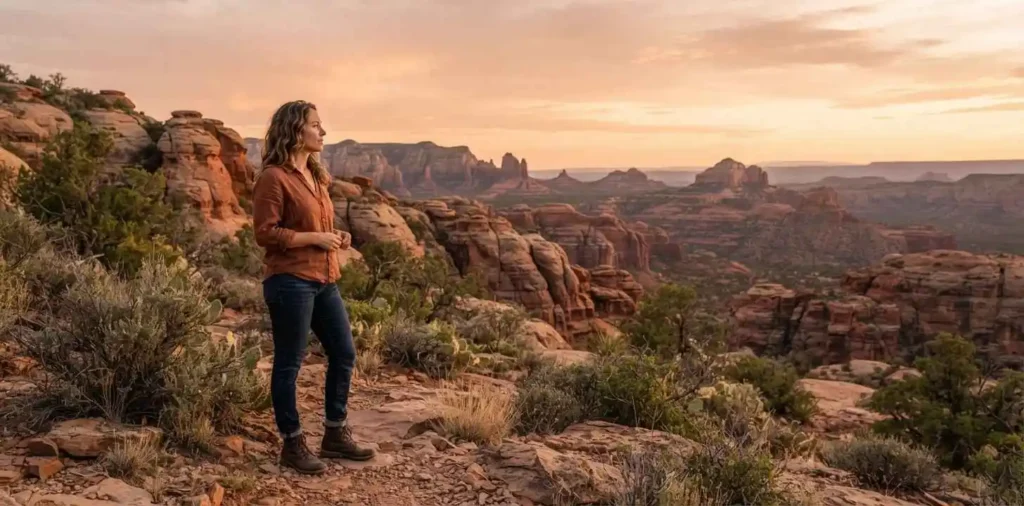 Traveler standing among Arizona red rocks