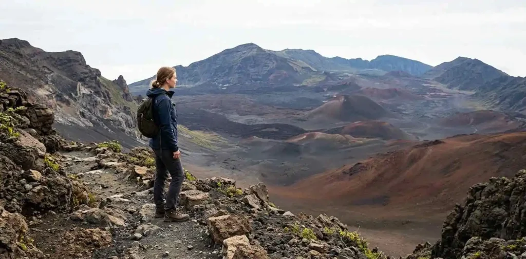 Traveler exploring Maui volcanic landscape