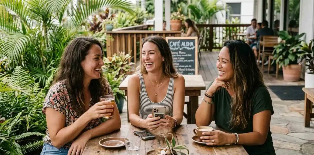 Friends laughing together in Honolulu
