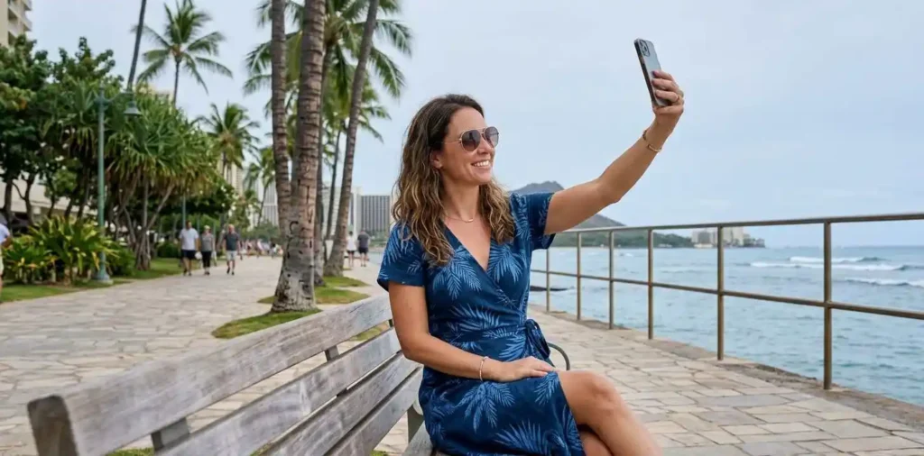 Woman taking selfie in Honolulu
