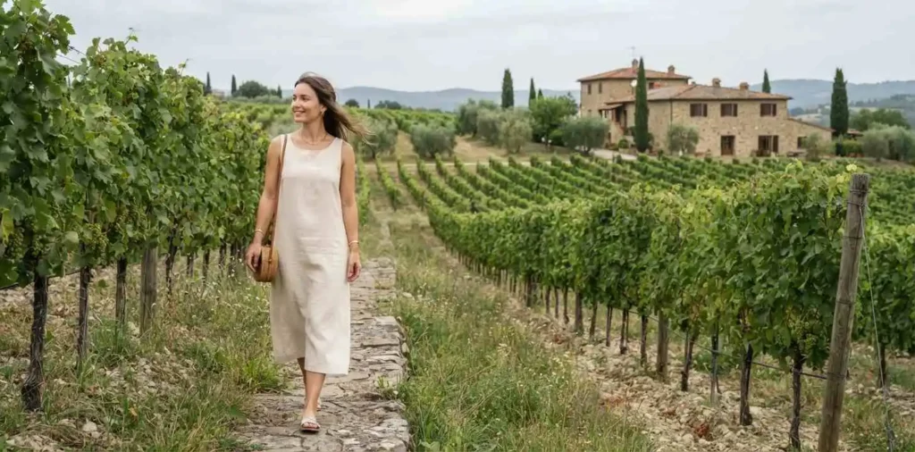 Traveler exploring a Tuscan vineyard