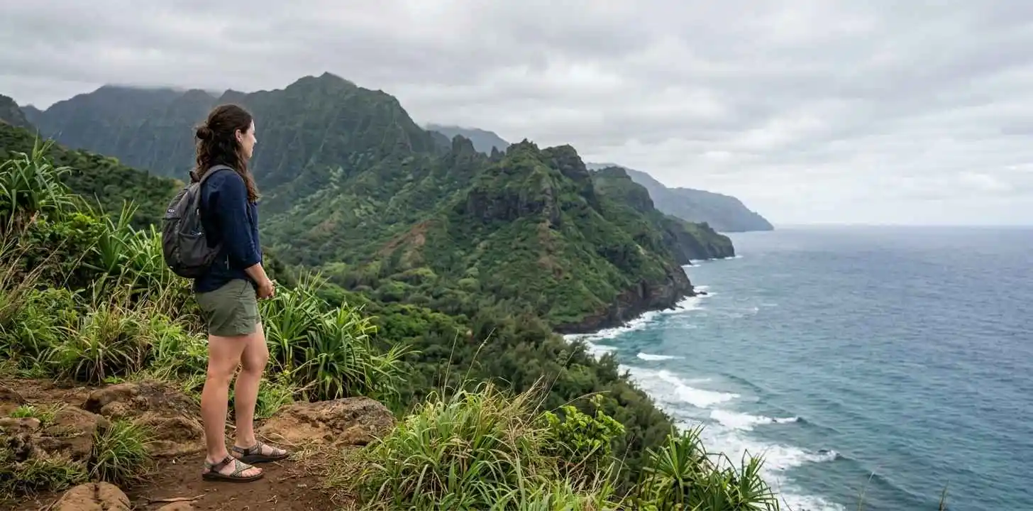 Traveler admiring Kauai coastal scenery