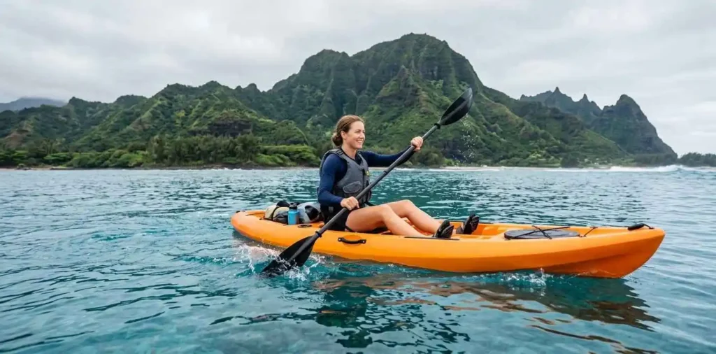 Traveler kayaking along Kauai coast