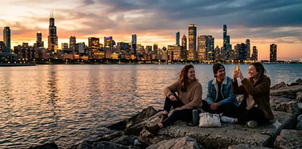 People enjoying Chicago lakefront views