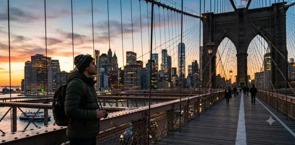 Traveler overlooking Manhattan skyline at sunset