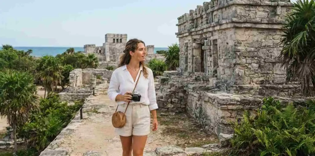 Travelers exploring historic Mayan ruins in Tulum