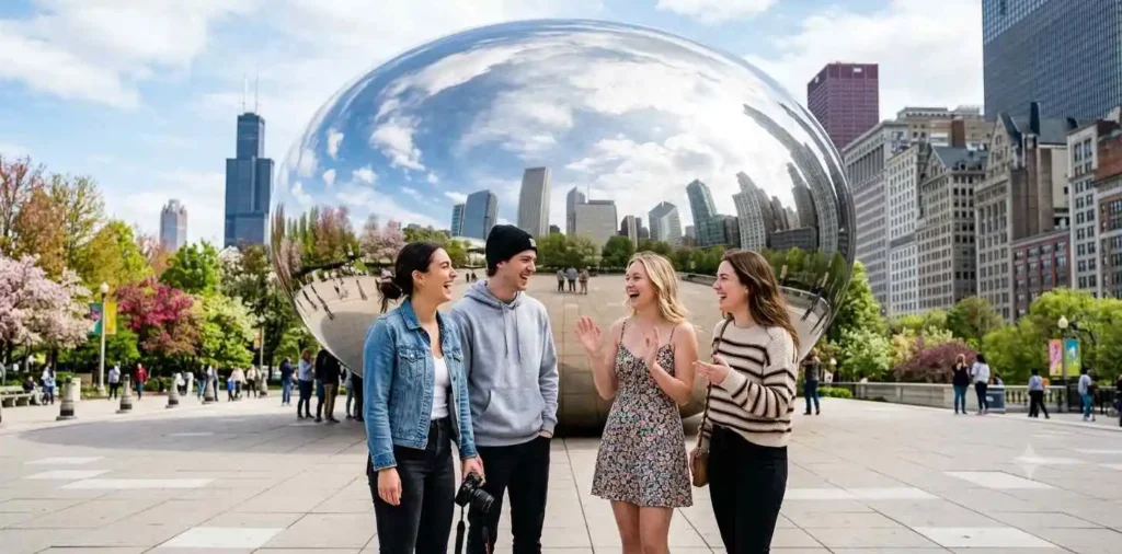 Friends smiling near Cloud Gate sculpture