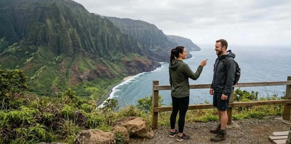 Friends viewing Na Pali Coast cliffs