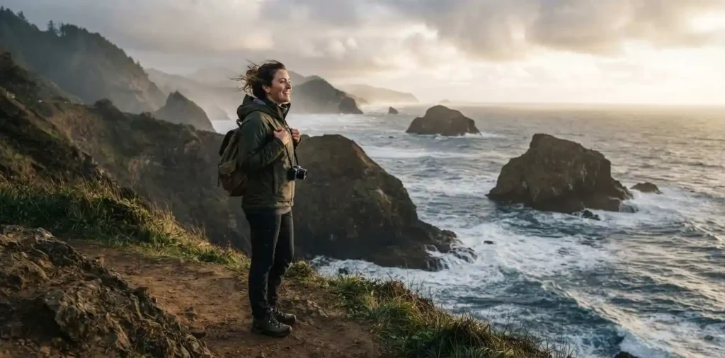 Traveler enjoying scenic Oregon coastal landscape