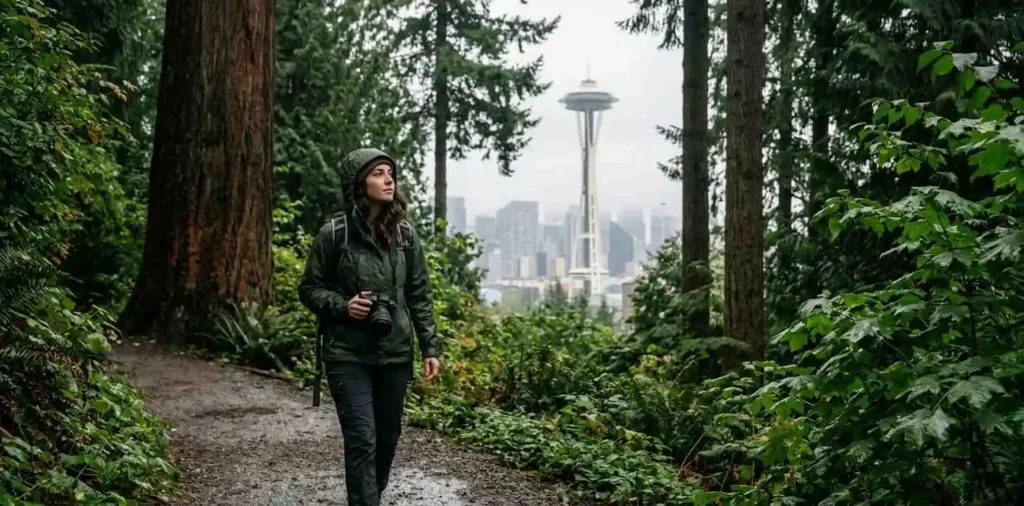 Traveler exploring Seattle beneath cloudy skies