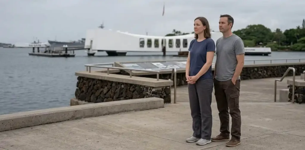 Traveler reflecting at Pearl Harbor