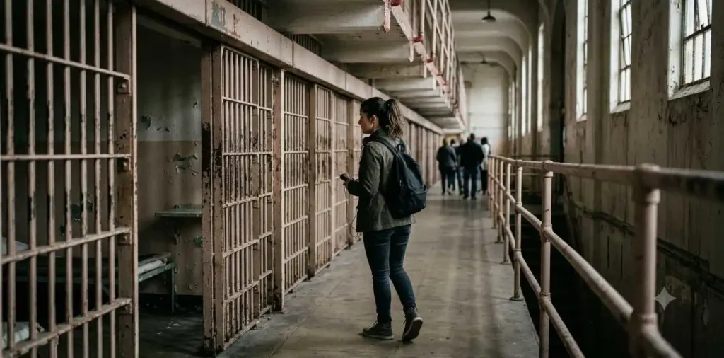 Traveler exploring historic prison cell corridor