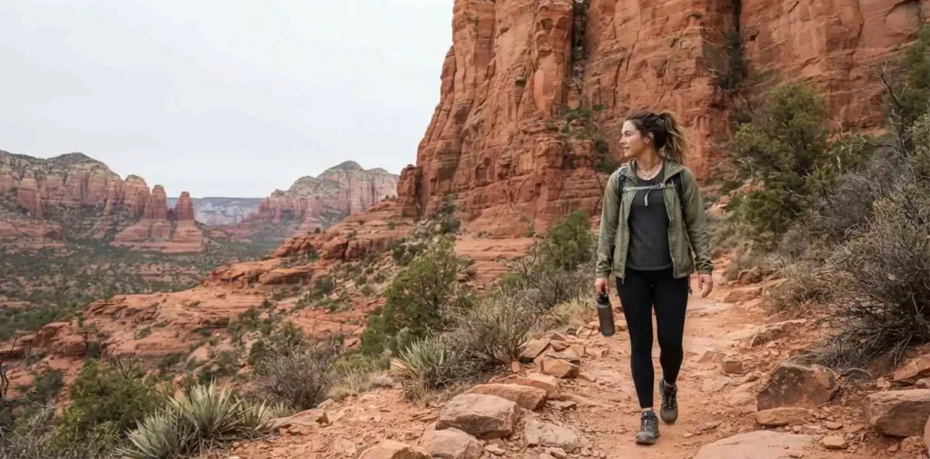 Traveler standing among Sedona red rocks