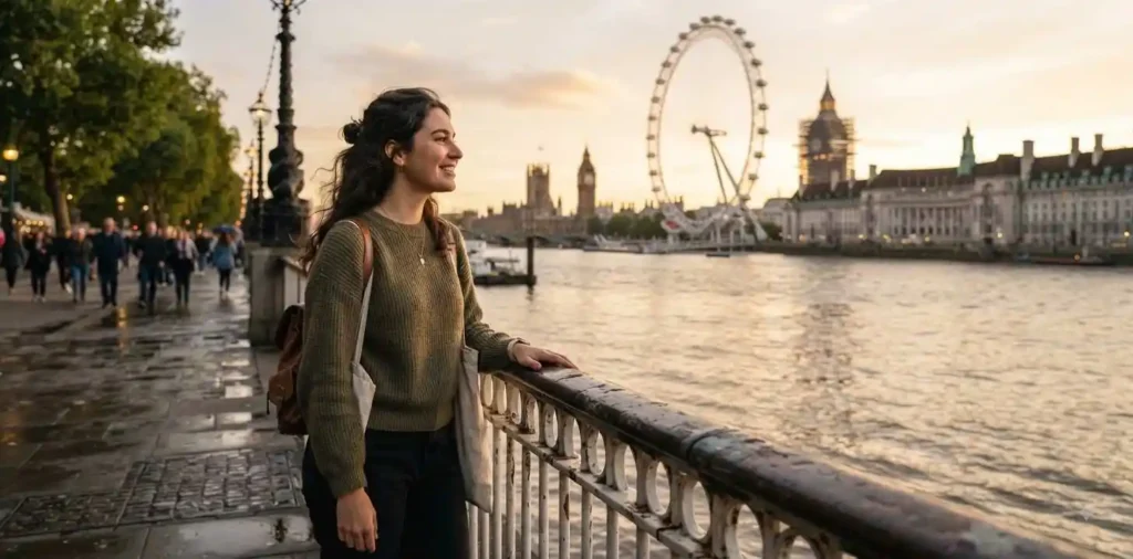 Traveler walking beside the River Thames