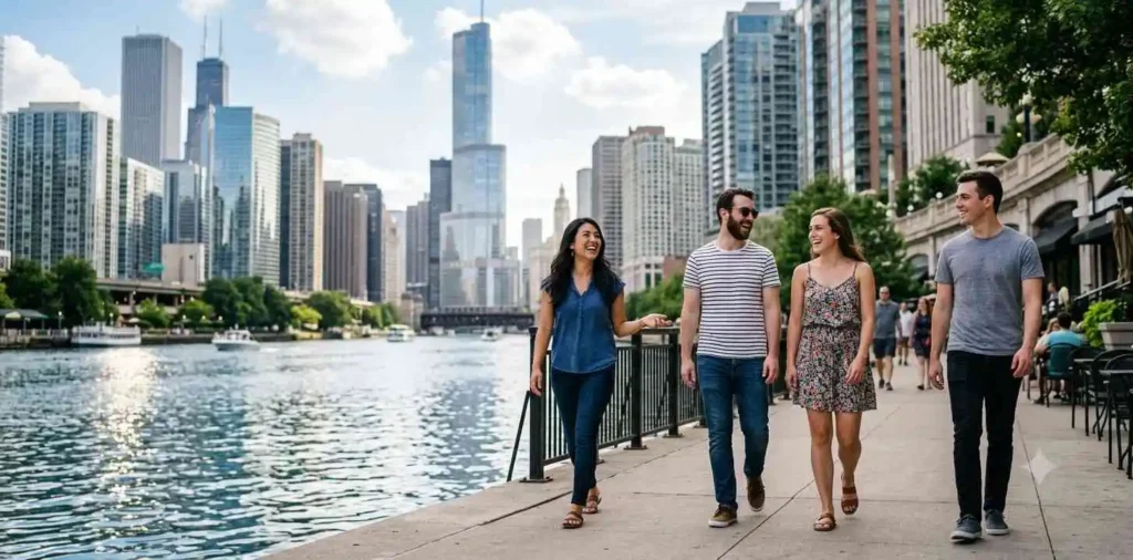 Friends walking beside the Chicago River