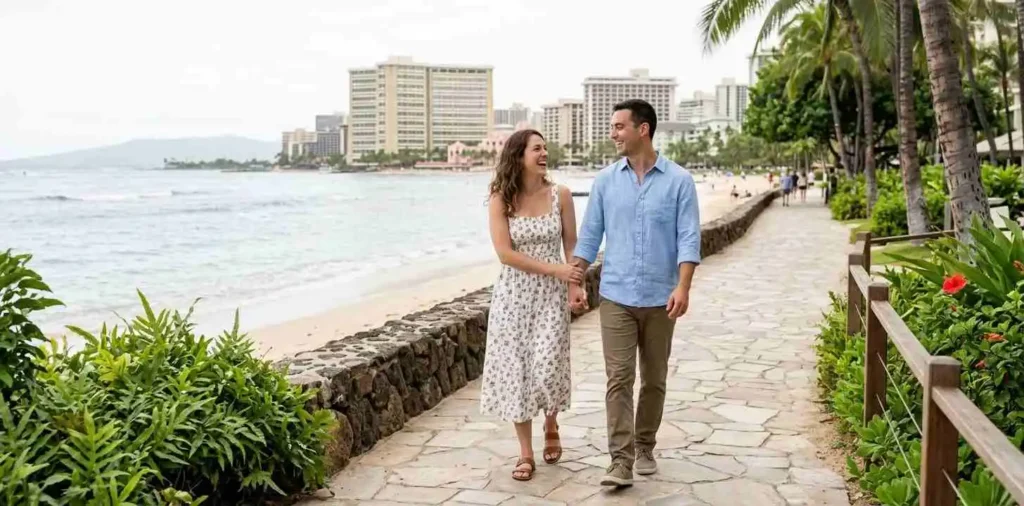 Couple walking together in Waikiki