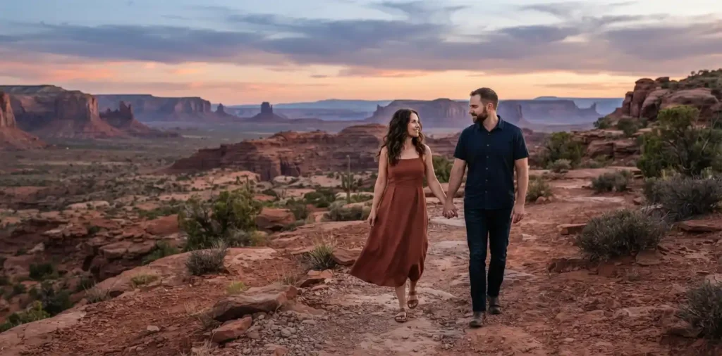 Couple holding hands in Arizona desert