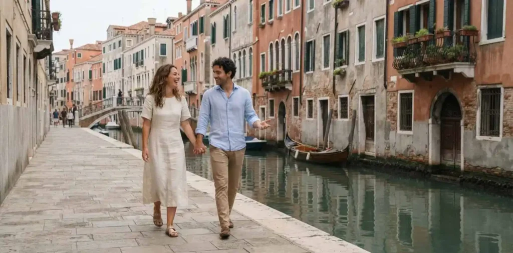 Couple walking beside a Venetian canal