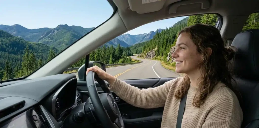 Car driving through scenic mountain road