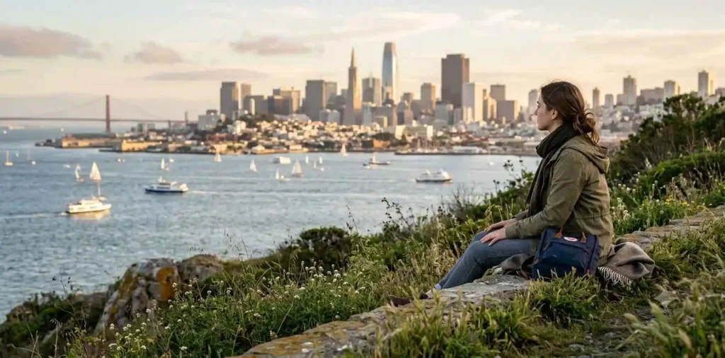 Traveler admiring bay views from island overlook