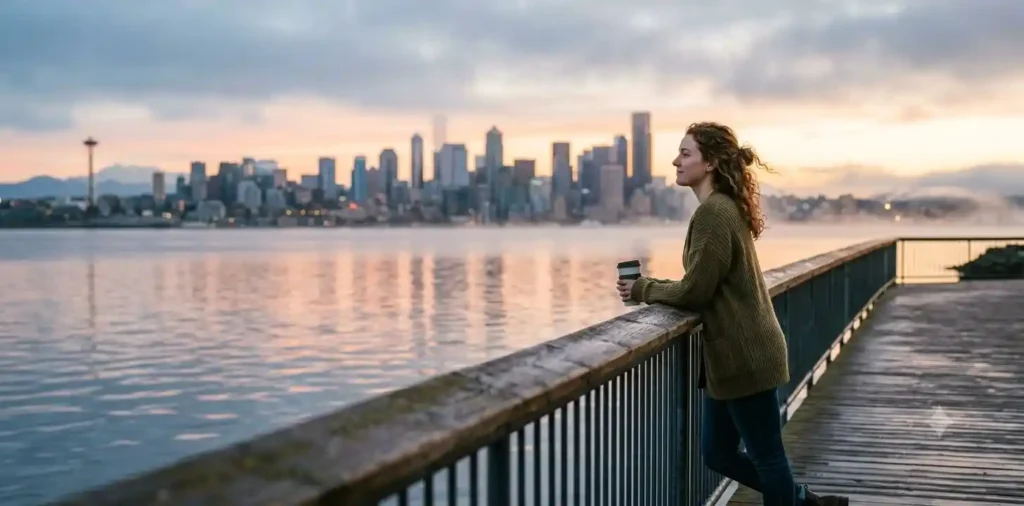 Woman admiring Seattle skyline beside waterfront
