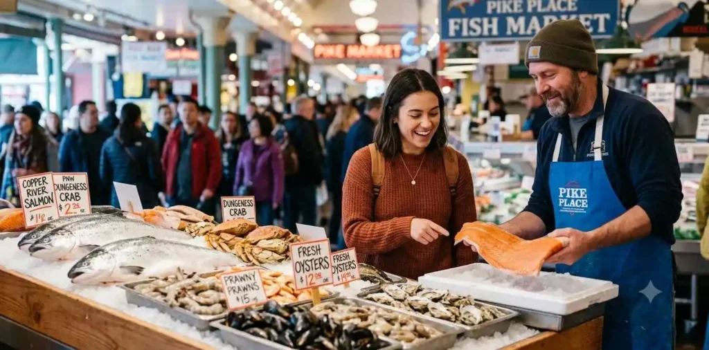 Traveler choosing fresh seafood at market
