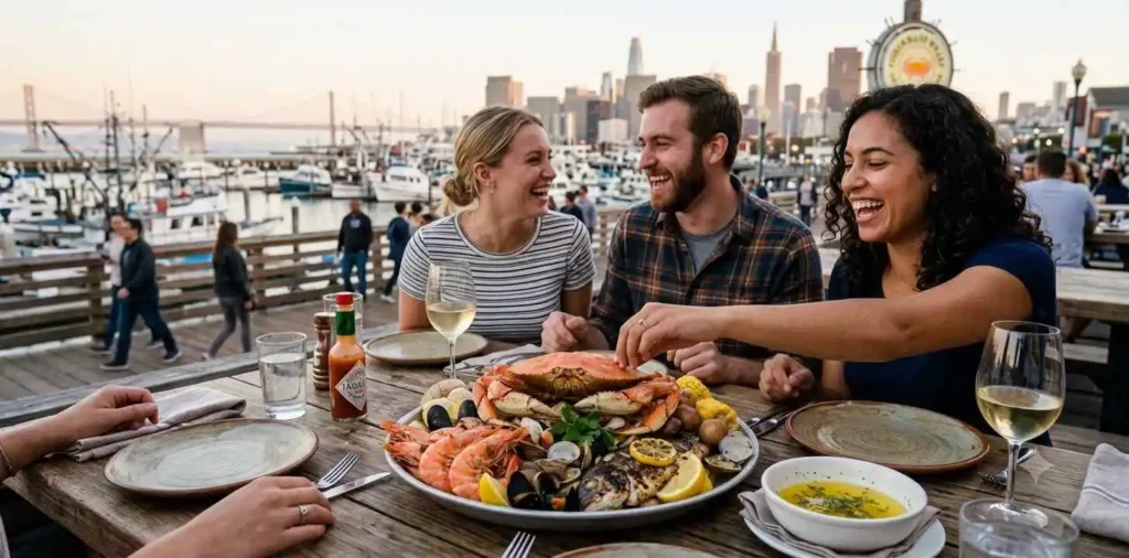 Friends enjoying fresh seafood by the waterfront