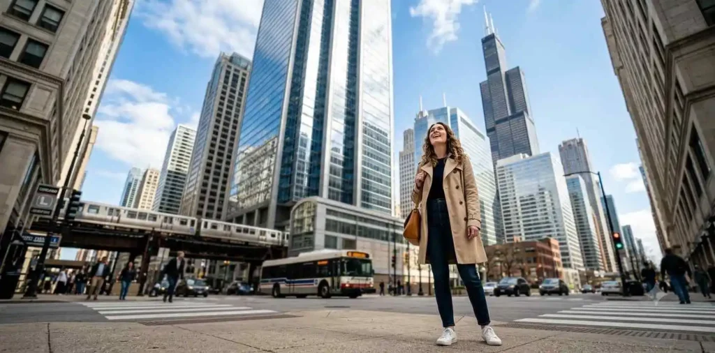 Woman admiring towering Chicago skyscrapers