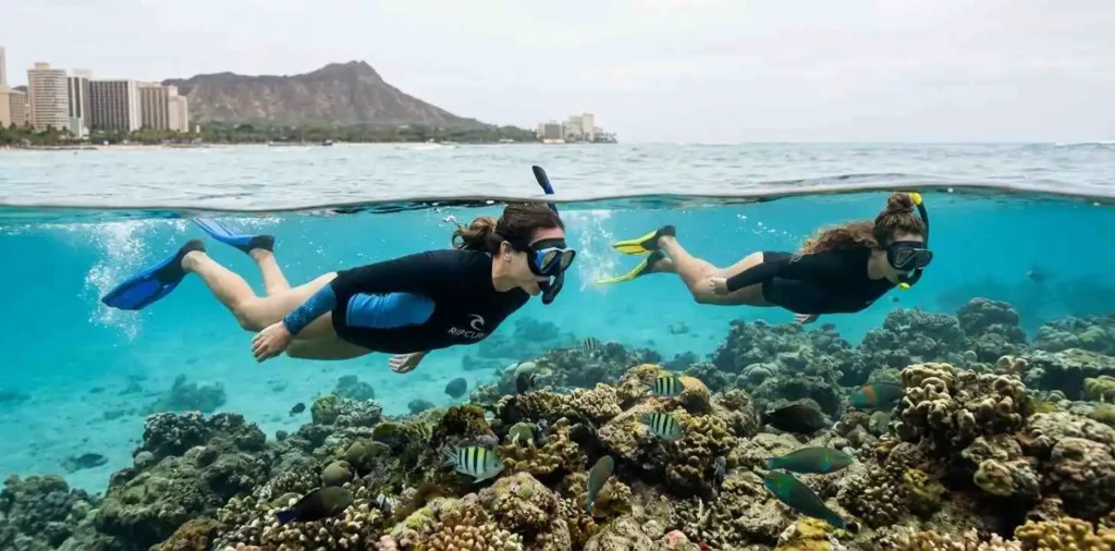 Traveler snorkeling in Waikiki waters